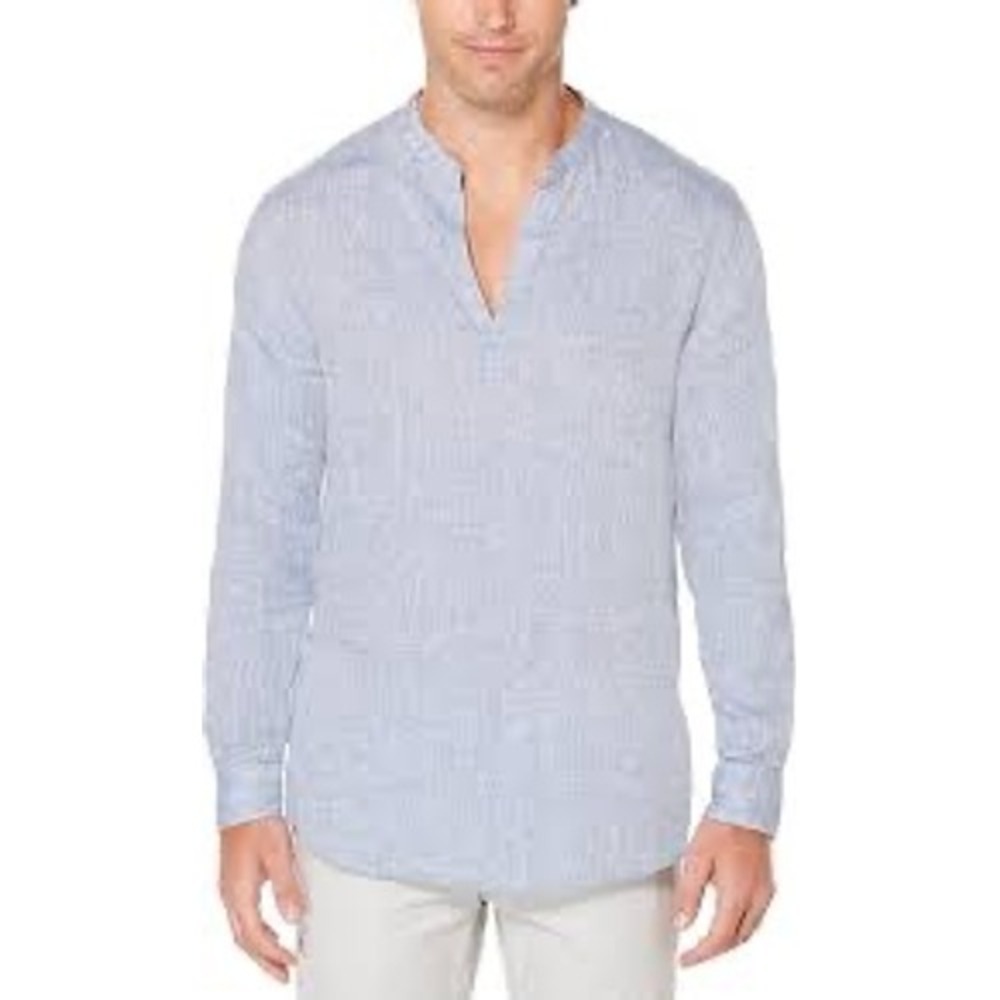 Perry Ellis Mens Large Light Blue Linen Blend Band Collar V-Neck Popover Shirt